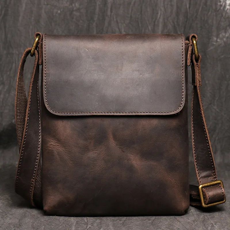 Sac À Bandoulière Vintage En Cuir Véritable Pour Hommes Sac À Simple Sac Ipad De Grande Capacité - Marron Foncé