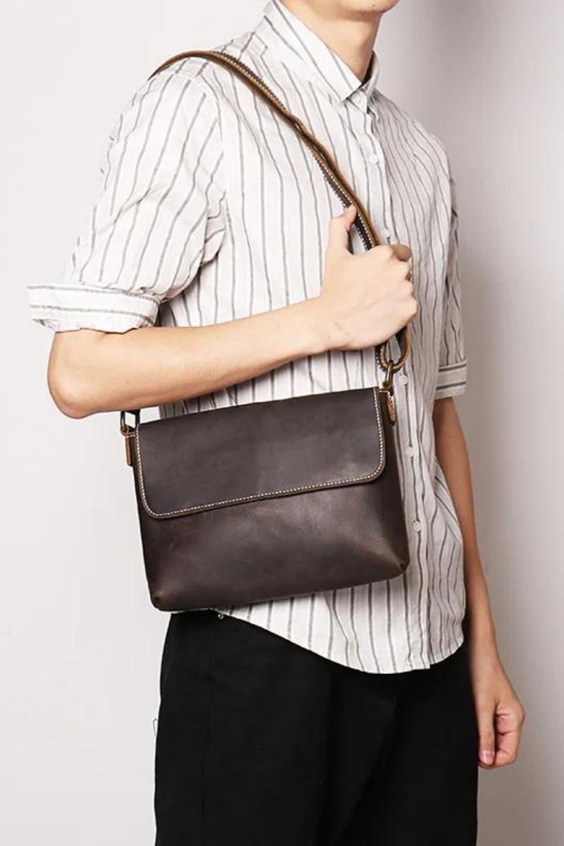 Sac À Bandoulière Vintage Simple En Cuir Pour Hommes Sacoche En Peau De Cheval Fou Femmes Sac Ipad De Grande Capacité