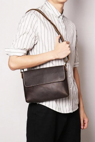 Sac À Bandoulière Vintage Simple En Cuir Pour Hommes Sacoche En Peau De Cheval Fou Femmes Sac Ipad De Grande Capacité