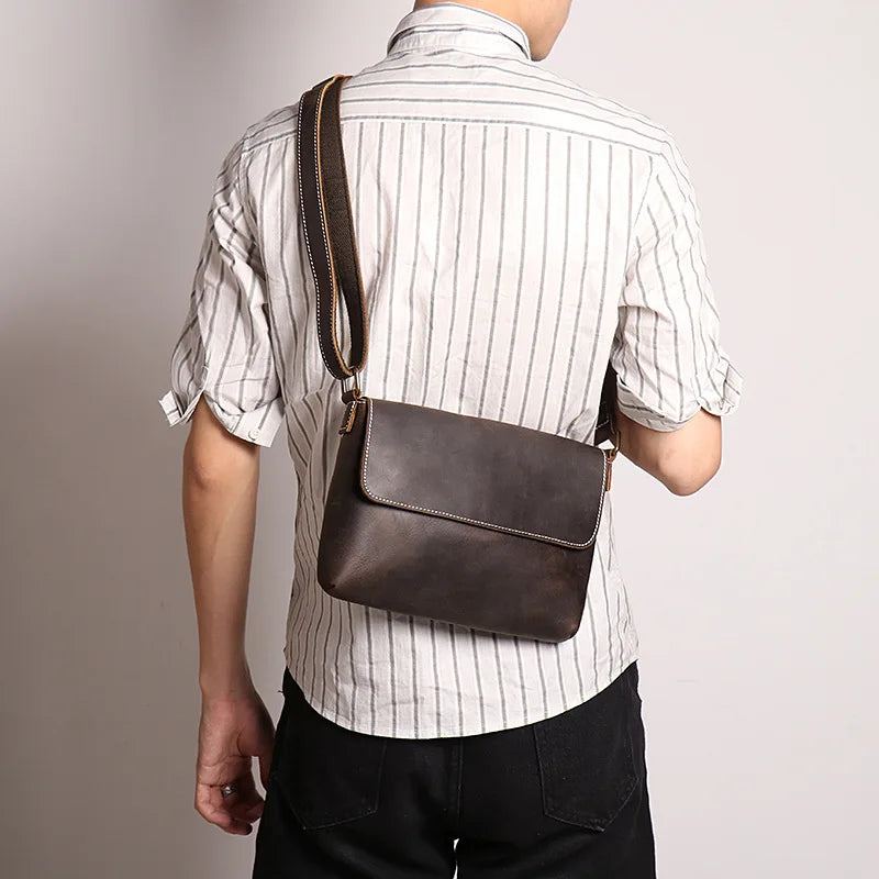 Sac À Bandoulière Vintage Simple En Cuir Pour Hommes Sacoche En Peau De Cheval Fou Femmes Sac Ipad De Grande Capacité - Noir