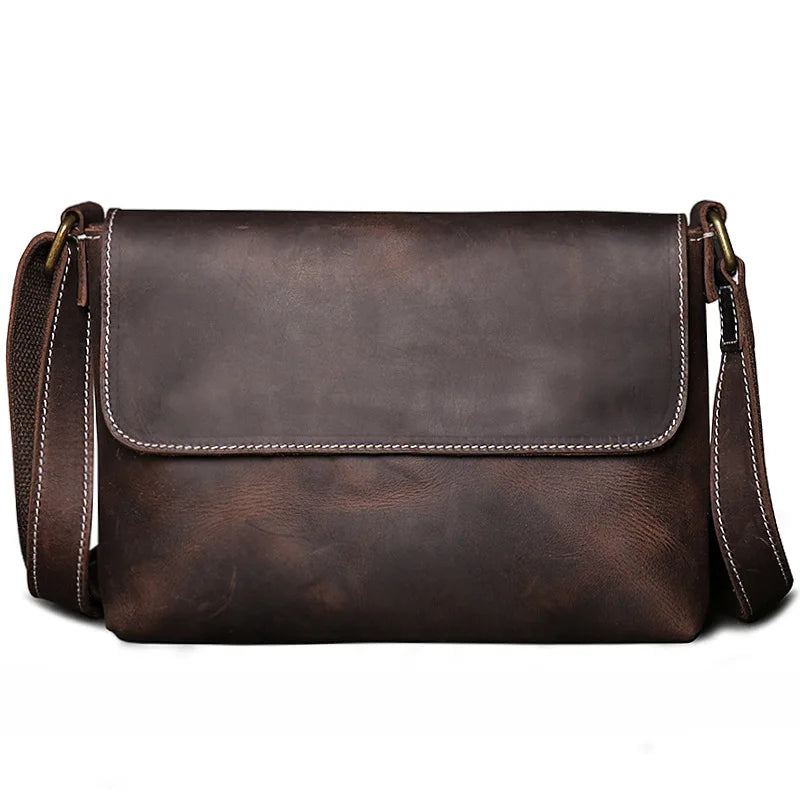 Sac À Bandoulière Vintage Simple En Cuir Pour Hommes Sacoche En Peau De Cheval Fou Femmes Sac Ipad De Grande Capacité - Noir