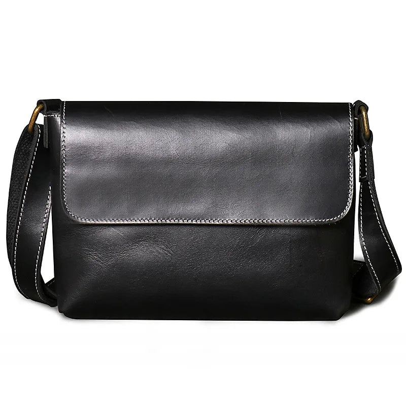 Sac À Bandoulière Vintage Simple En Cuir Pour Hommes Sacoche En Peau De Cheval Fou Femmes Sac Ipad De Grande Capacité - Noir