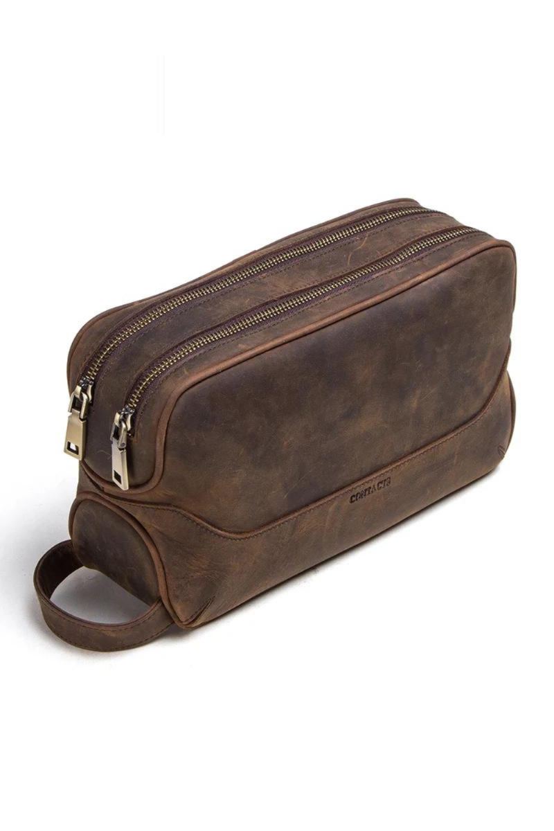 Sac À Cosmétiques En Cuir Véritable Pour Hommes Sacs De Lavage Vintage De Maquillage Organisateur De Voyage