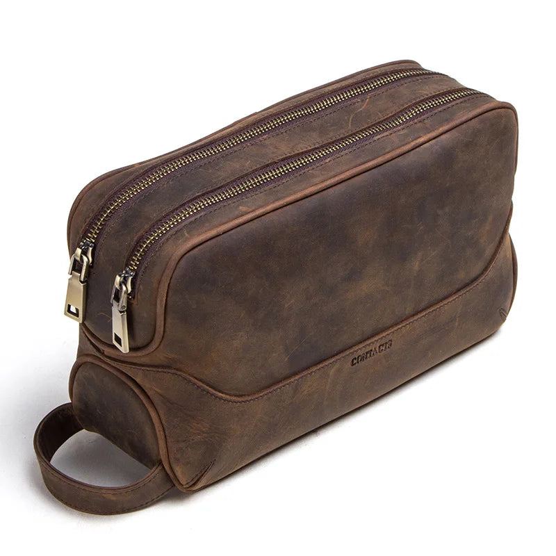 Sac À Cosmétiques En Cuir Véritable Pour Hommes Sacs De Lavage Vintage De Maquillage Organisateur De Voyage - Noir