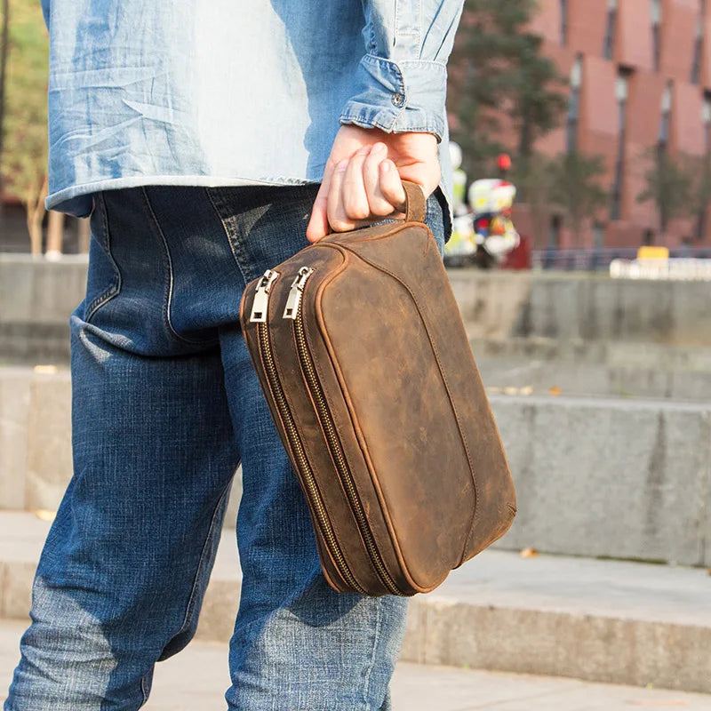 Sac À Cosmétiques En Cuir Véritable Pour Hommes Sacs De Lavage Vintage De Maquillage Organisateur De Voyage - Noir