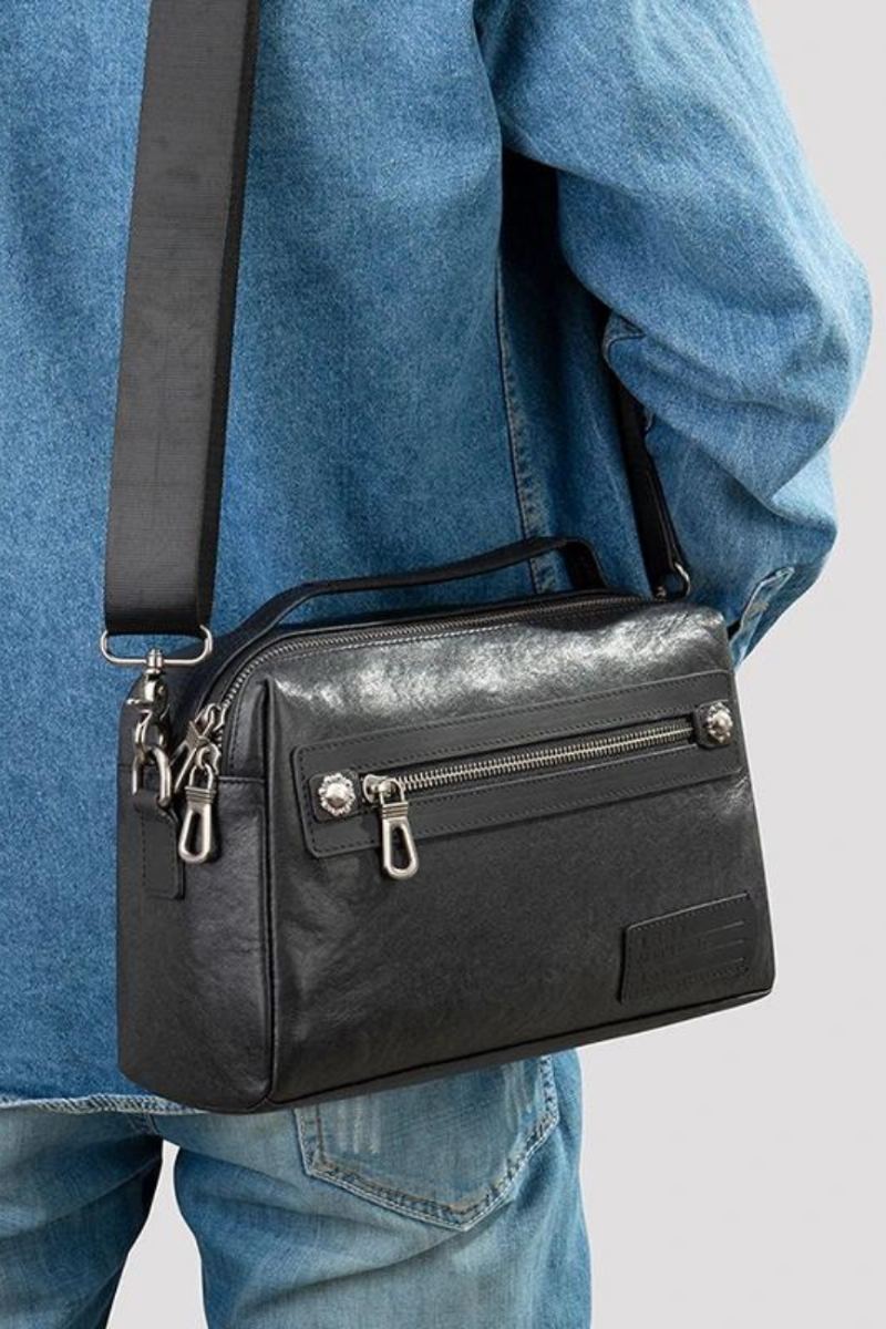 Sac Pour Hommes En Cuir Véritable Sac À Bandoulière En Souple Femmes Sac À Décontracté Porte-documents Noir