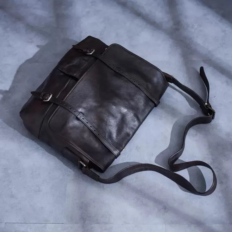 Sac Messager Vintage En Cuir Véritable Pour Hommes Sac À Bandoulière De Luxe Travail En Plein Air - Noir