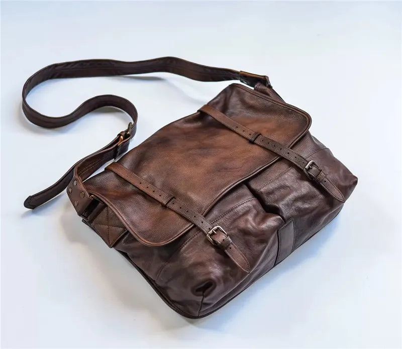 Sac Messager Vintage En Cuir Véritable Pour Hommes Sac À Bandoulière De Luxe Travail En Plein Air - Noir