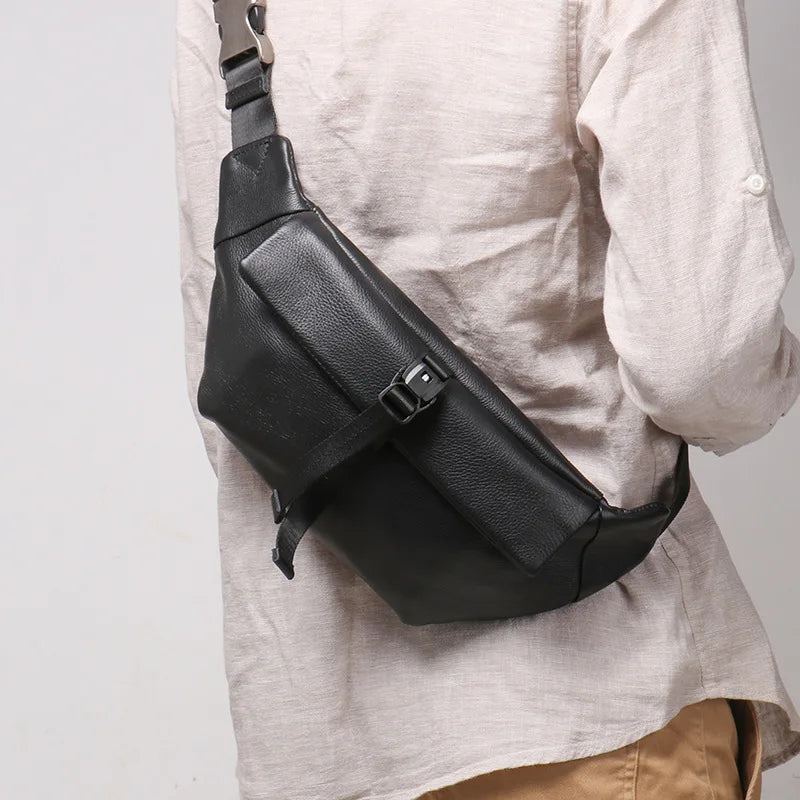 Sac De Poitrine En Cuir Rétro Pour Hommes Petit Sac À Dos À Motif Oblique - Noir