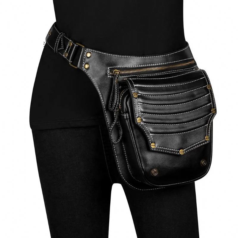 Sac Punk Rétro Pour Femmes Sac D'extérieur Tendance Sacoche À Bandoulière Hommes Sac Banane Sac De Jambe Pochette Sac De Taille - Noir