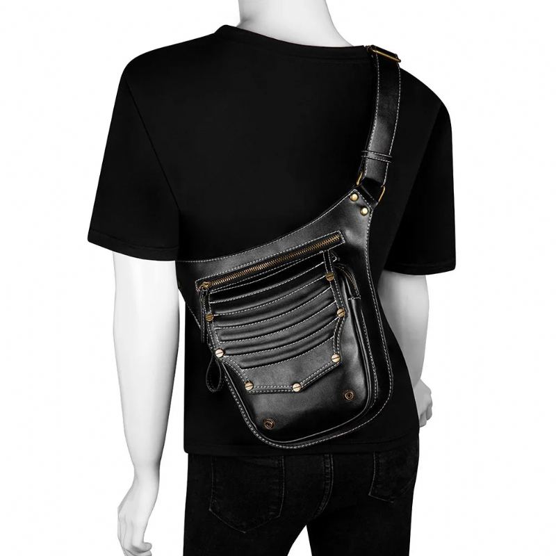 Sac Punk Rétro Pour Femmes Sac D'extérieur Tendance Sacoche À Bandoulière Hommes Sac Banane Sac De Jambe Pochette Sac De Taille - Noir