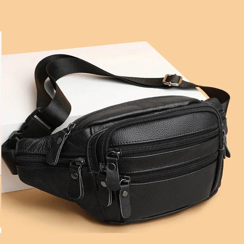 Sac De Taille En Cuir Véritable Pour Hommes Sac Banane En Sac À Bandoulière Unisexe Sacs De De Ceinture - Noir