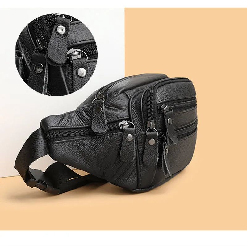 Sac De Taille En Cuir Véritable Pour Hommes Sac Banane En Sac À Bandoulière Unisexe Sacs De De Ceinture - Noir