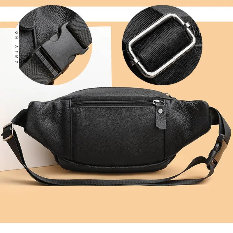 Sac De Taille En Cuir Véritable Pour Hommes Sac Banane En Sac À Bandoulière Unisexe Sacs De De Ceinture - Noir