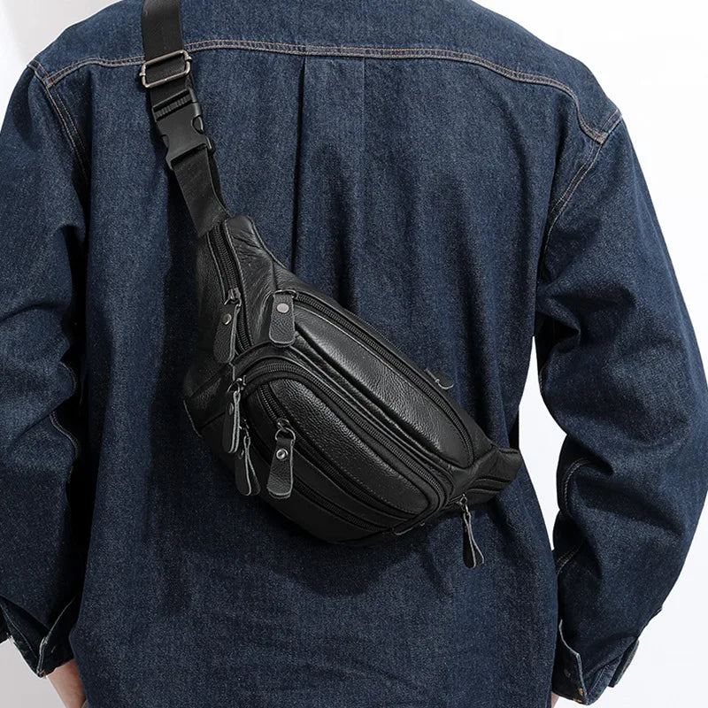 Sac De Taille En Cuir Véritable Pour Hommes Sac Banane En Sac À Bandoulière Unisexe Sacs De De Ceinture - Noir