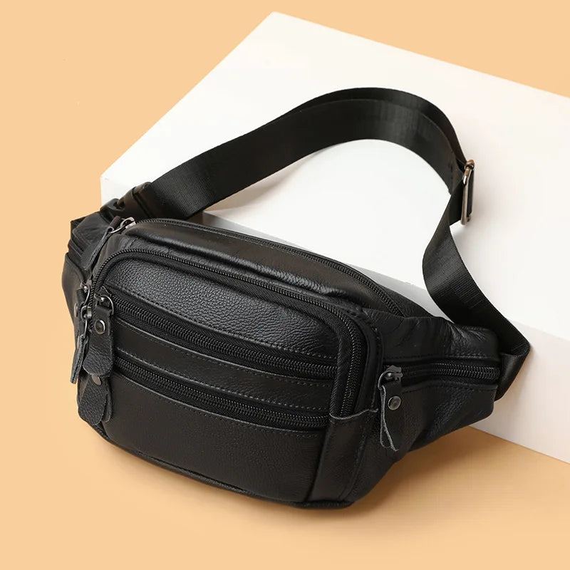 Sac De Taille En Cuir Véritable Pour Hommes Sac Banane En Sac À Bandoulière Unisexe Sacs De De Ceinture - Noir