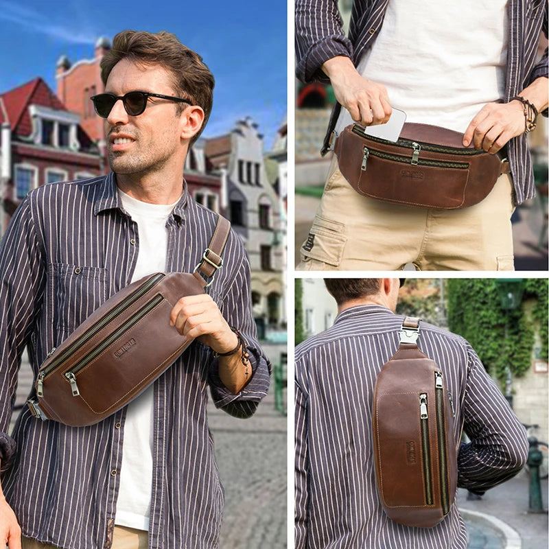 Sac De Taille En Cuir Véritable Pour Hommes Sac De Ceinture Sac Banane De Voyage Décontracté Sacs De Poitrine À Bandoulière Sac À Main - Brun