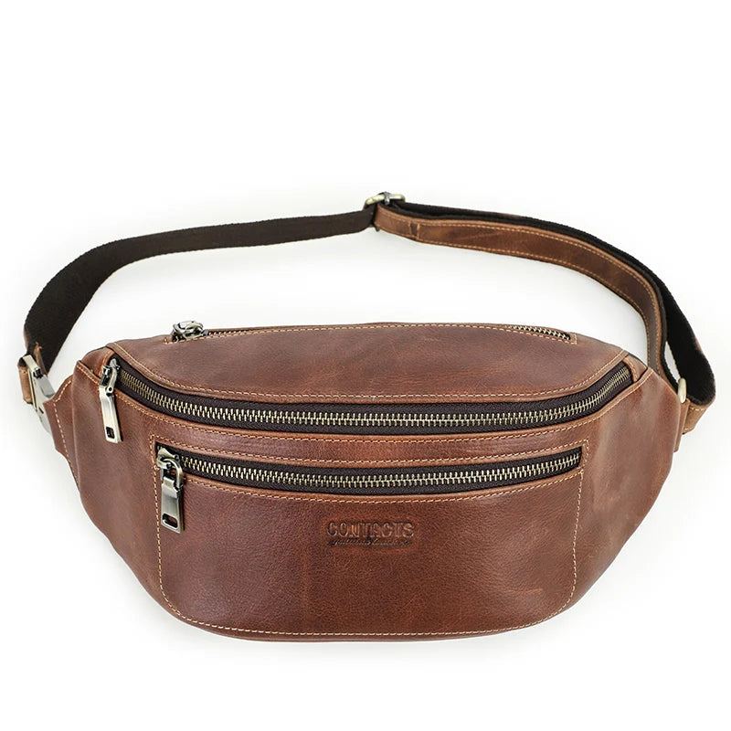 Sac De Taille En Cuir Véritable Pour Hommes Sac De Ceinture Sac Banane De Voyage Décontracté Sacs De Poitrine À Bandoulière Sac À Main - Brun