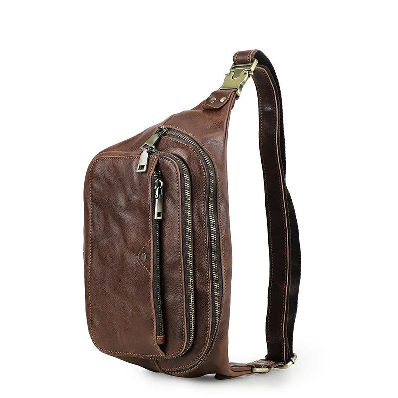 Sac De Taille En Cuir Véritable Pour Hommes Sac De Ceinture Décontracté De Luxe Sac De Poitrine À Bandoulière - Café