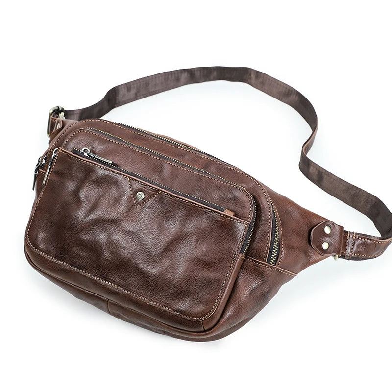 Sac De Taille En Cuir Véritable Pour Hommes Sac De Ceinture Décontracté De Luxe Sac De Poitrine À Bandoulière - Café