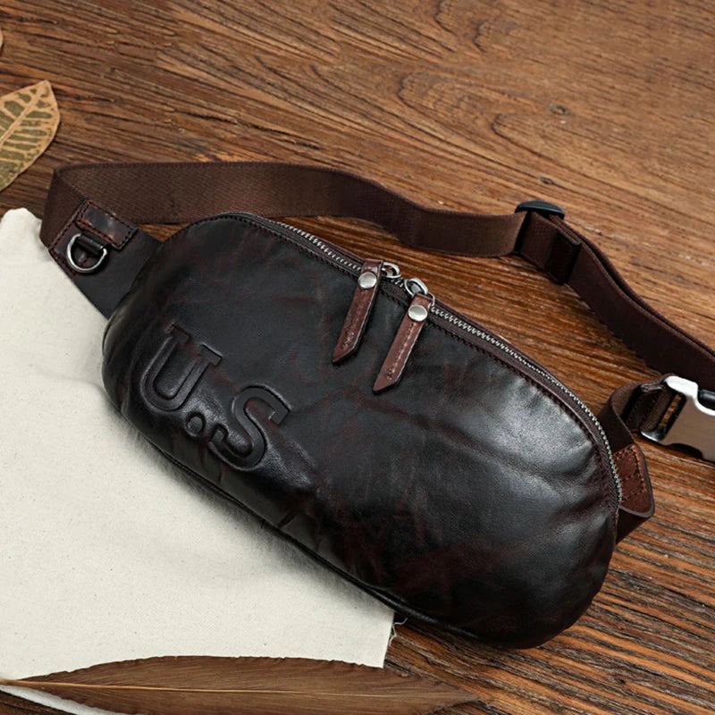 Sac De Taille En Cuir Véritable Pour Hommes Petits Sacs À Bandoulière Décontractés - Noir