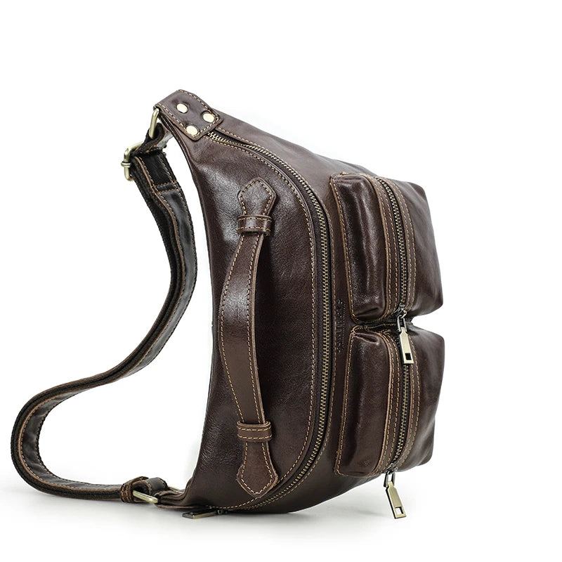 Sac De Taille Pour Hommes Sac De Voyage En Cuir Véritable Sac De Ceinture Sacs De Poitrine À Bandoulière Sac À Main - Café