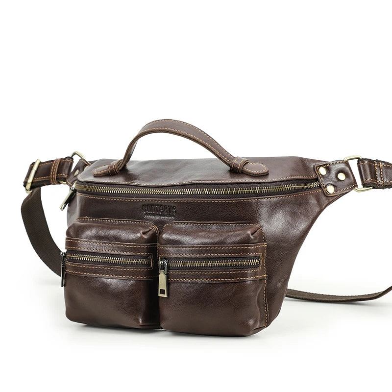 Sac De Taille Pour Hommes Sac De Voyage En Cuir Véritable Sac De Ceinture Sacs De Poitrine À Bandoulière Sac À Main - Café