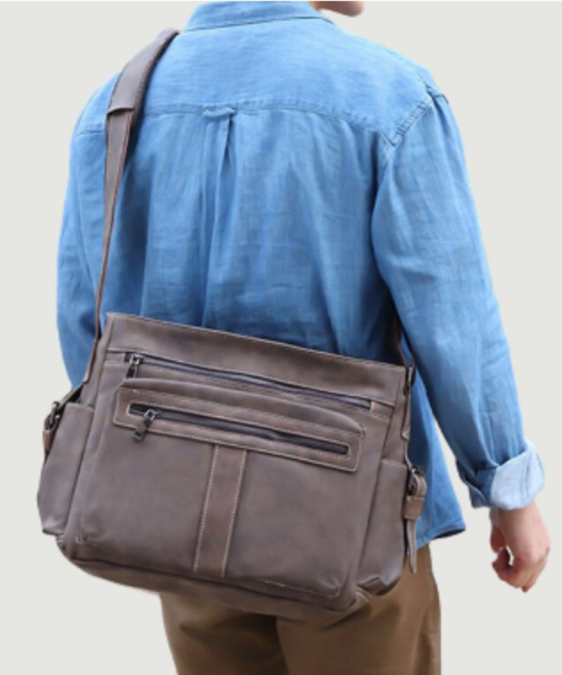 Sacs À Bandoulière En Cuir Pour Hommes Sac À Vintage Décontracté De Voyage De Grande Capacité Sacoche - Gris