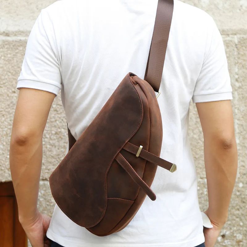 Sacs À Bandoulière En Cuir Véritable Pour Hommes De Poitrine Multifonctions De Vintage - Café