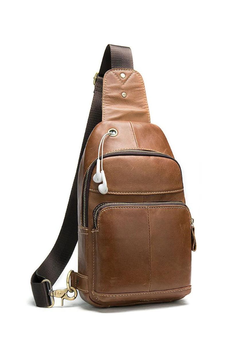 Sacs De Poitrine En Cuir Véritable Pour Hommes Sac À Bandoulière Rétro En Sac De Avec Prise Casque Sacoche Garçons