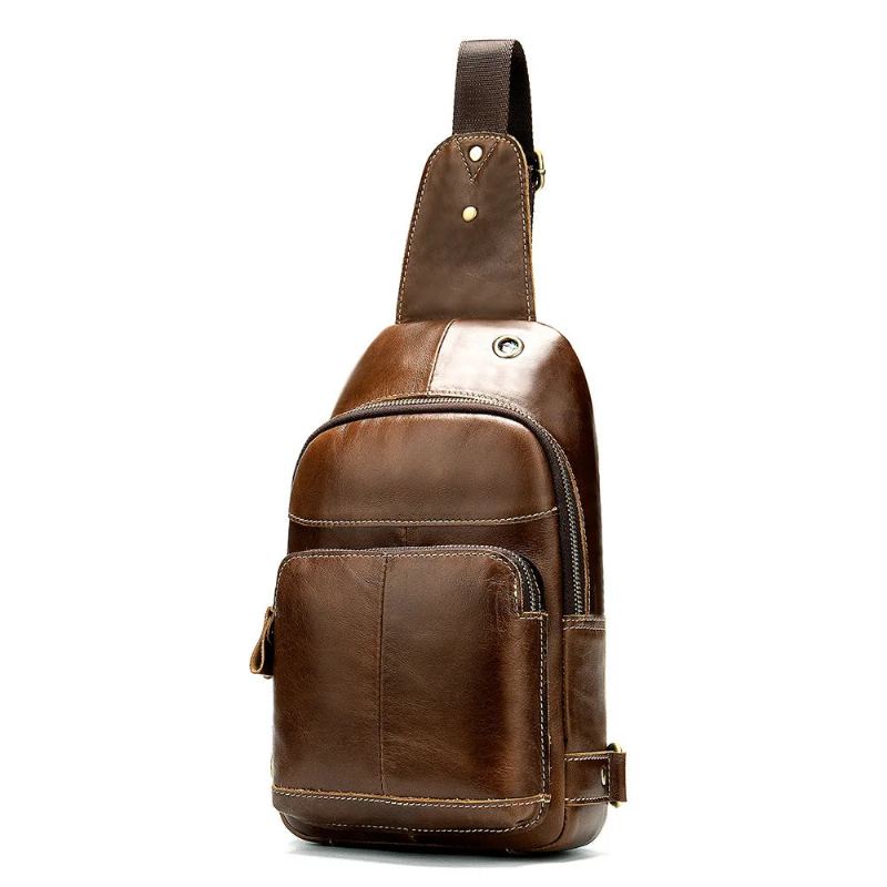 Sacs De Poitrine En Cuir Véritable Pour Hommes Sac À Bandoulière Rétro En Sac De Avec Prise Casque Sacoche Garçons - Marron