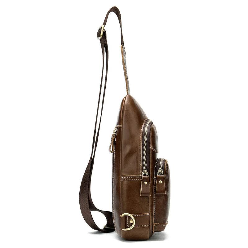 Sacs De Poitrine En Cuir Véritable Pour Hommes Sac À Bandoulière Rétro En Sac De Avec Prise Casque Sacoche Garçons - Marron