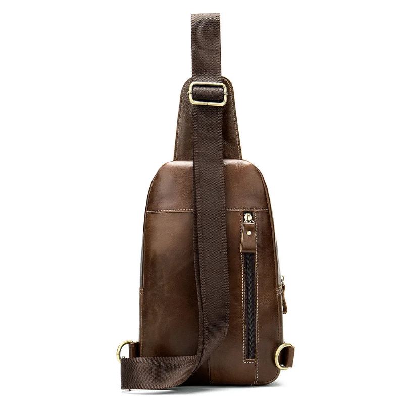 Sacs De Poitrine En Cuir Véritable Pour Hommes Sac À Bandoulière Rétro En Sac De Avec Prise Casque Sacoche Garçons - Marron