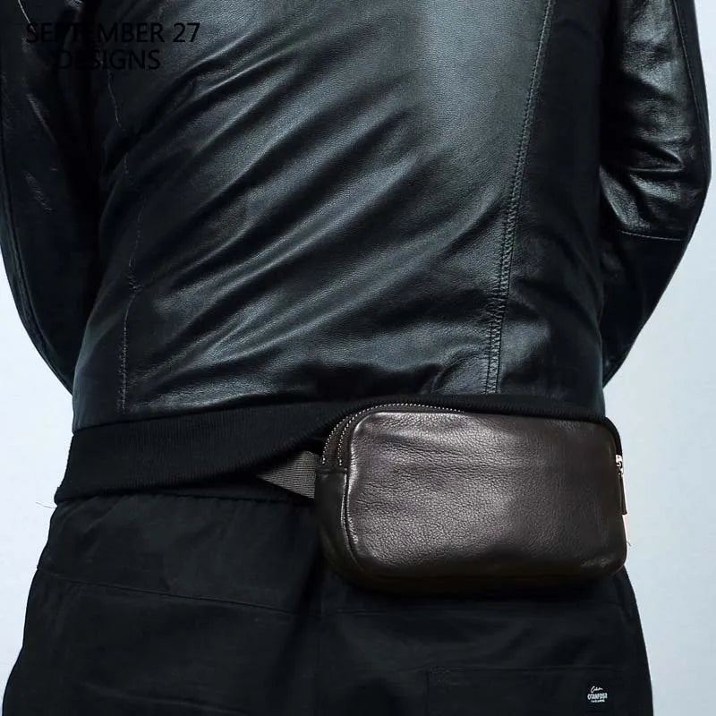 Sacs De Taille Hommes De Poitrine En Cuir Véritable Haut Fait À La Main Petit Sac À Bandoulière Messager Mini Voyage - Noir