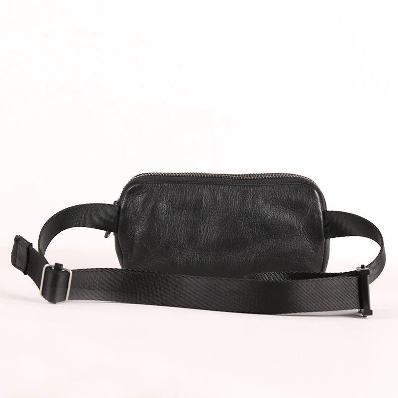 Sacs De Taille Hommes De Poitrine En Cuir Véritable Haut Fait À La Main Petit Sac À Bandoulière Messager Mini Voyage - Noir