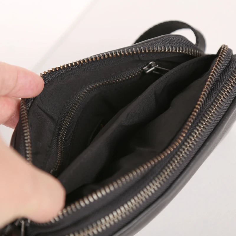 Sacs De Taille Hommes De Poitrine En Cuir Véritable Haut Fait À La Main Petit Sac À Bandoulière Messager Mini Voyage - Noir