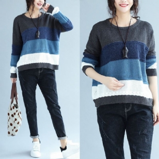 Automne Hiver Patchwork Laine Hauts En Tricot Grande Taille Décontracté Bleu Gris Rayé Pull