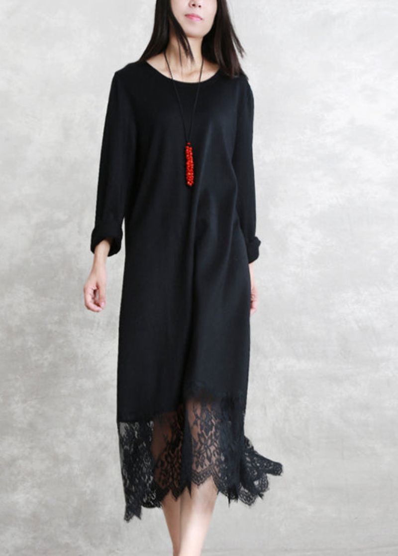 Baggy Noir Longue Laine Mélangée Robes Décontracté Col Rond Patchwork Robe De Voyage Élégant À Manches Longues Dentelle D'automne