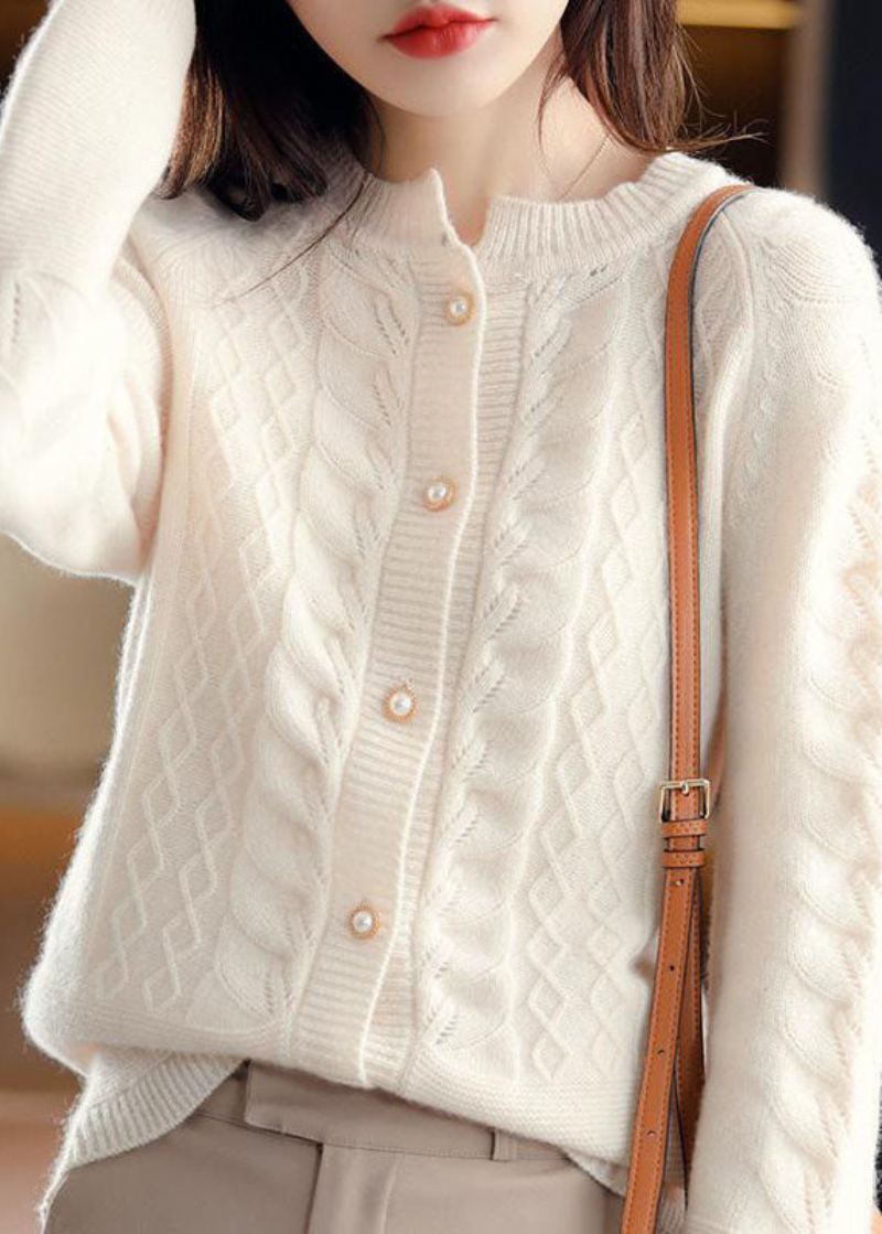 Beau Cardigan En Tricot De Laine Beige À Col Rond Et Boutons De Perles Hiver - Manteaux en laine femmes