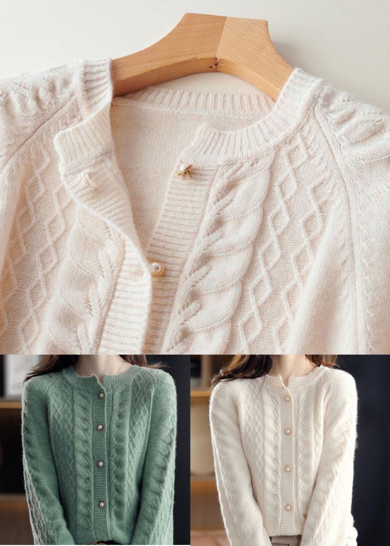 Beau Cardigan En Tricot De Laine Beige À Col Rond Et Boutons De Perles Hiver - Manteaux en laine femmes