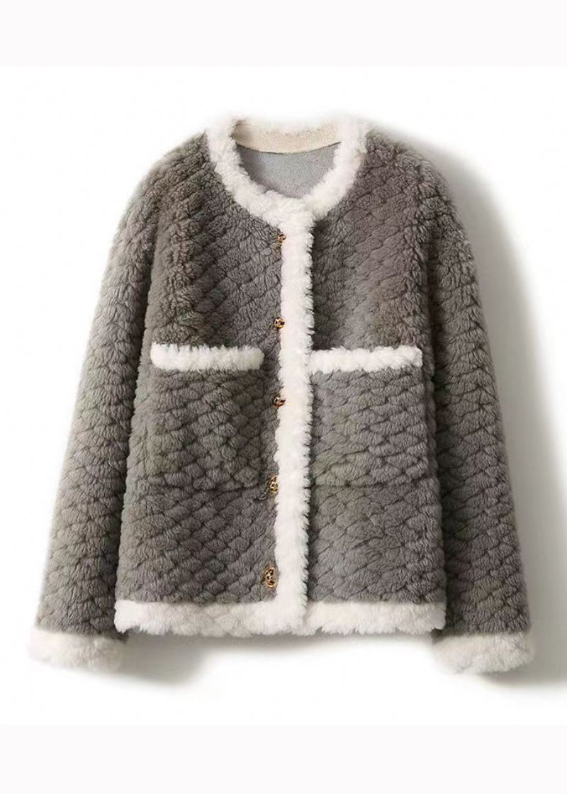 Beau Manteau D'hiver En Laine Gris Avec Poches À Col Rond Et Patchwork - Manteaux en laine femmes