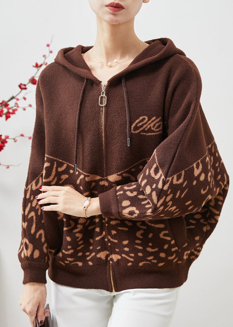 Beau Manteau En Laine Imprimé À Capuche Marron Printemps