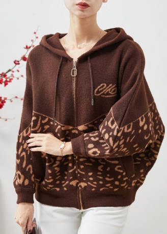 Beau Manteau En Laine Imprimé À Capuche Marron Printemps