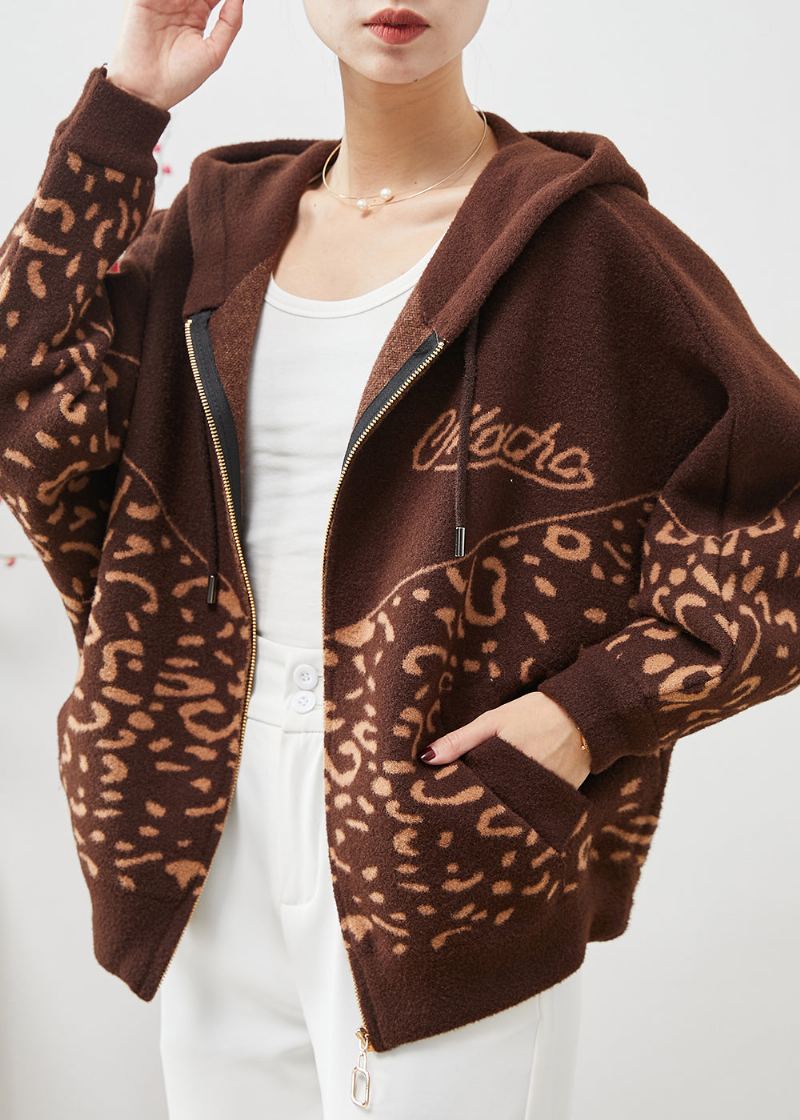 Beau Manteau En Laine Imprimé À Capuche Marron Printemps - Manteaux en laine femmes