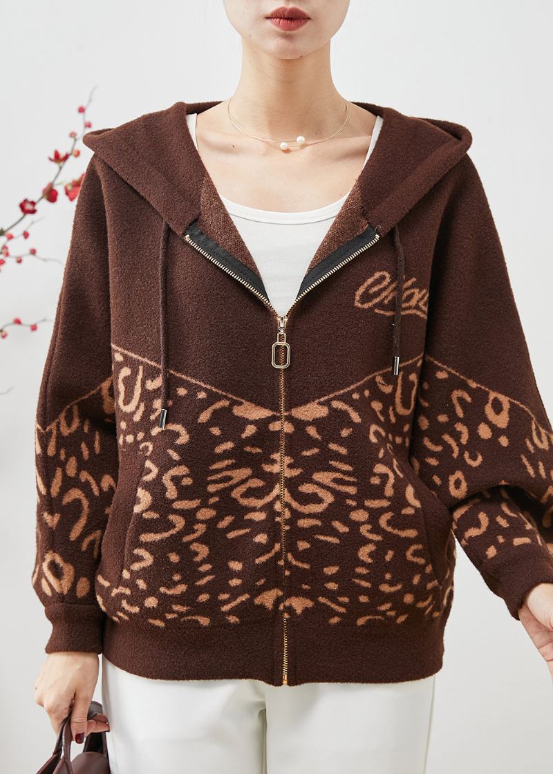 Beau Manteau En Laine Imprimé À Capuche Marron Printemps - Manteaux en laine femmes