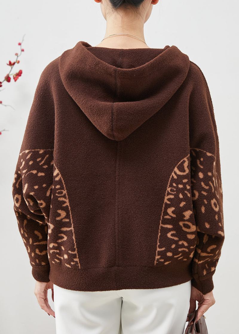 Beau Manteau En Laine Imprimé À Capuche Marron Printemps - Manteaux en laine femmes