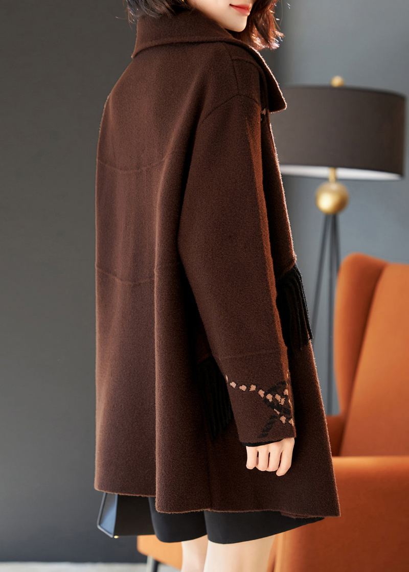 Beau Manteau En Laine Patchwork À Glands Chocolat Vêtements D'extérieur Printemps - Manteaux en laine femmes