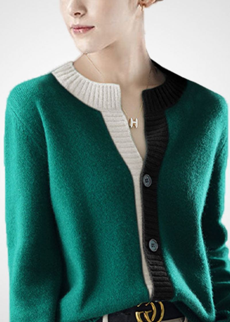 Beau Vert Col Rond Patchwork Bouton Laine Tricot Cardigans Hiver - Manteaux en laine femmes