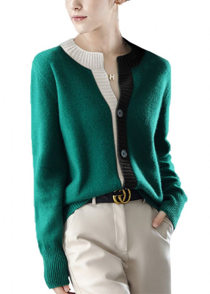 Beau Vert Col Rond Patchwork Bouton Laine Tricot Cardigans Hiver - Manteaux en laine femmes