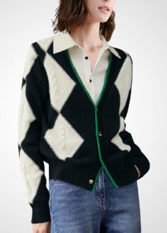 Bohème Colorblock Col En V Patchwork Plaid Laine Tricot Cardigan Hiver